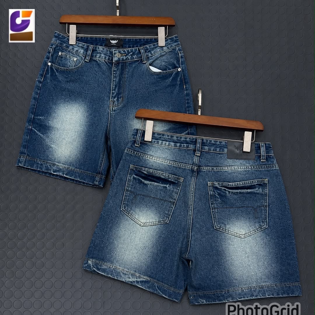 Faded blue denim shorts shown in front and back on hangers.