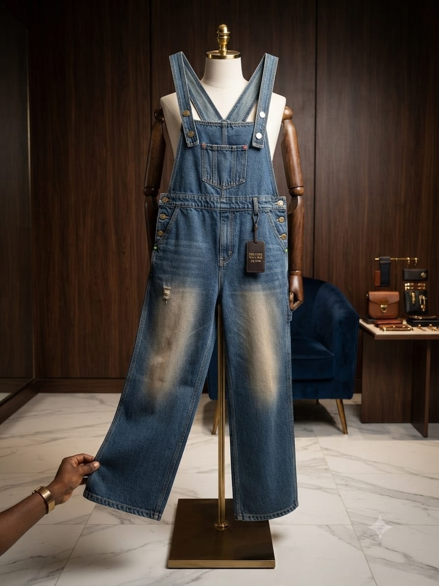 Blue denim dungarees with distressing on a mannequin in a showroom.