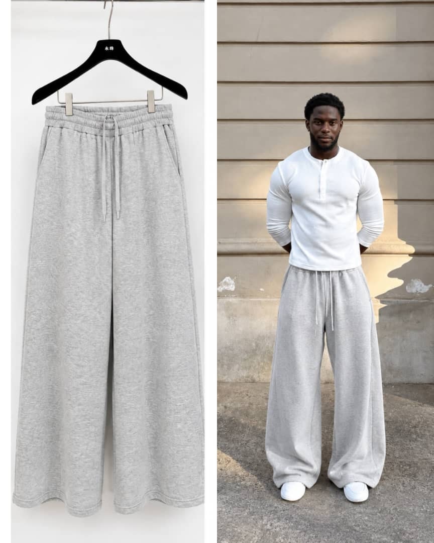 Light gray flare joggers on hanger and worn by male model outdoors.