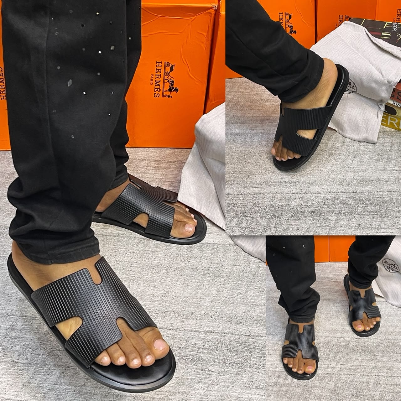 Black ribbed Hermes Pam sandals with H detail on model.