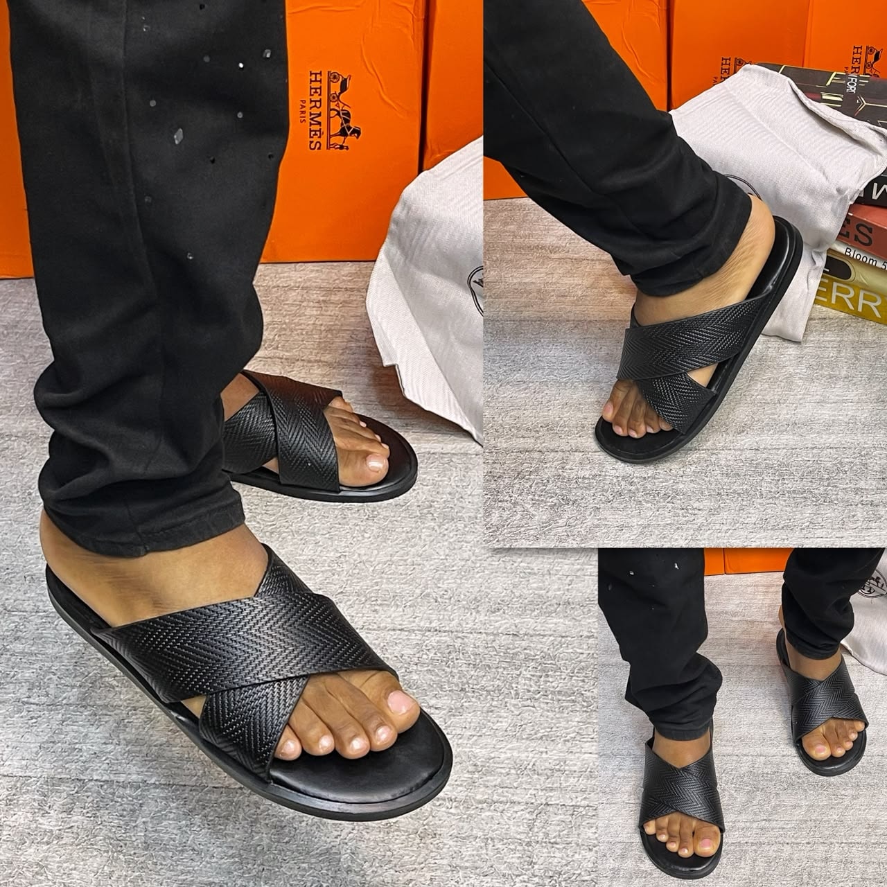 Black woven texture Hermes Pam cross-strap sandals modeled on feet.