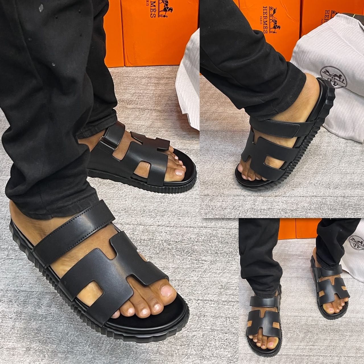 All black Hermes Pam H sandals with tread sole shown on feet.