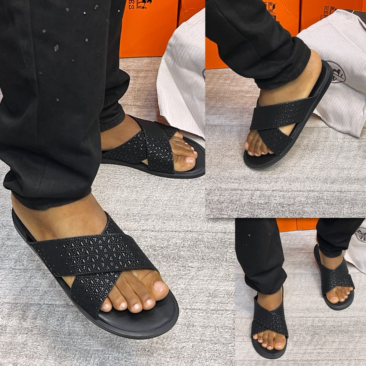 Black glittery cross-strap Hermes Pam sandals on model from different angles.