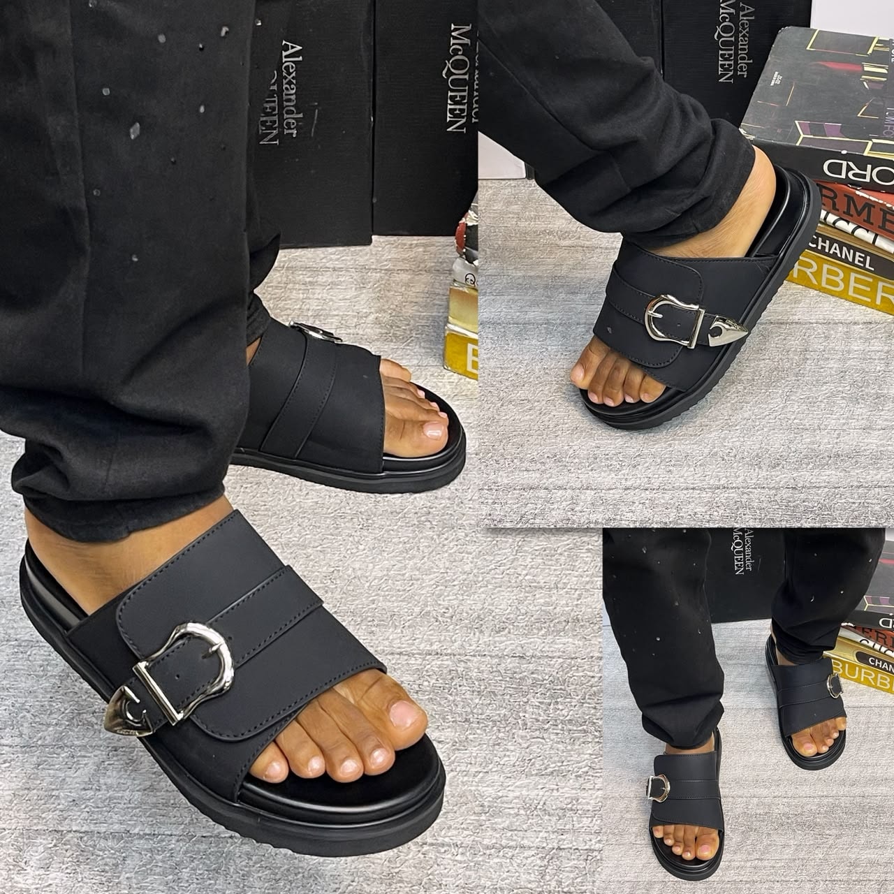 Black Alexander McQueen Pam sandals with buckle detail modeled on feet.