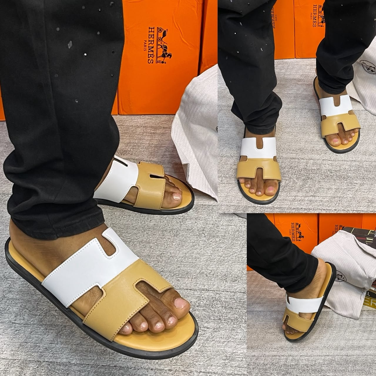 Beige and white Hermes Pam H-strap sandals shown on model in multiple views.