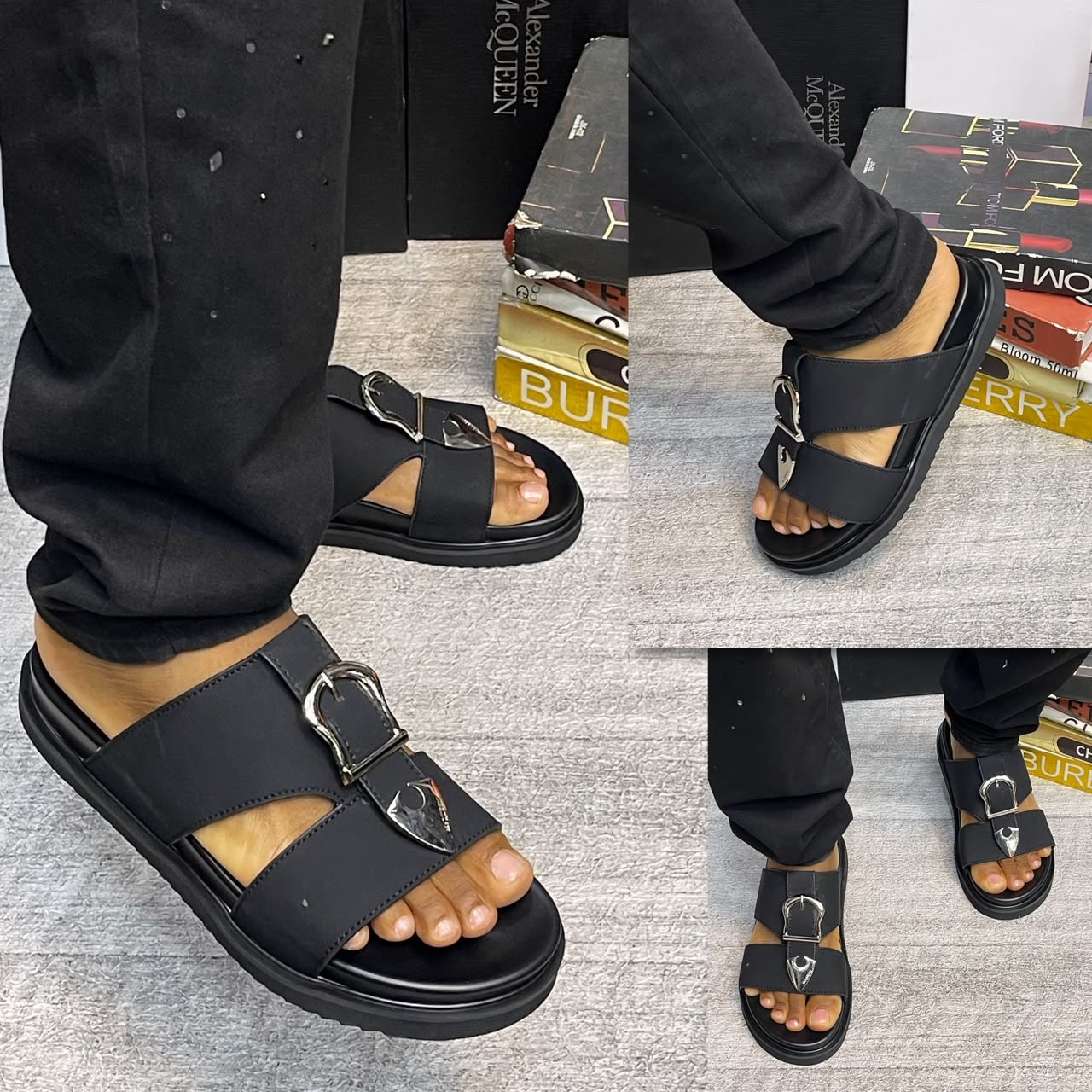 Black Alexander McQueen Pam sandals with buckle and metal detail on feet from various angles.