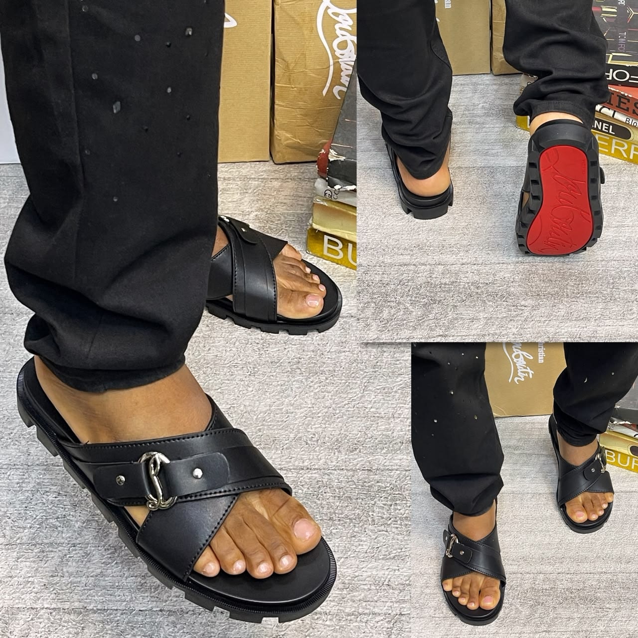 Black Christian Louboutin Pam sandals with chain buckle and red sole shown on feet in multiple angles.