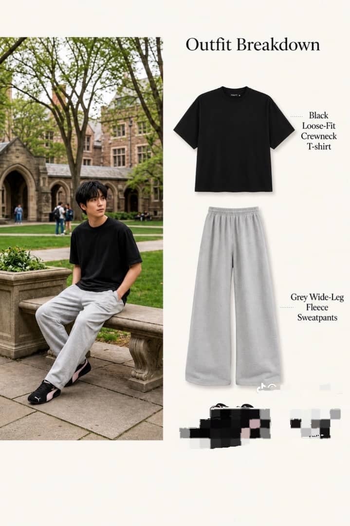 Black loose-fit crewneck T-shirt with grey wide-leg fleece sweatpants in outdoor setting.