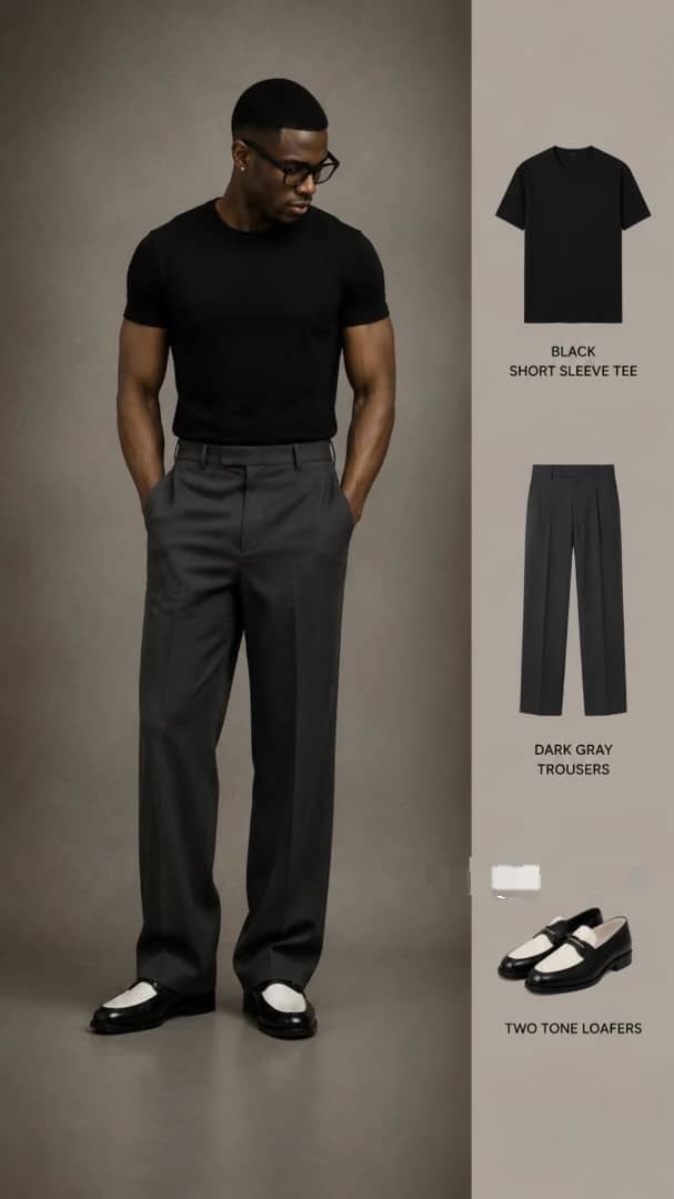 Black short sleeve T-shirt paired with dark gray tailored flare trousers.