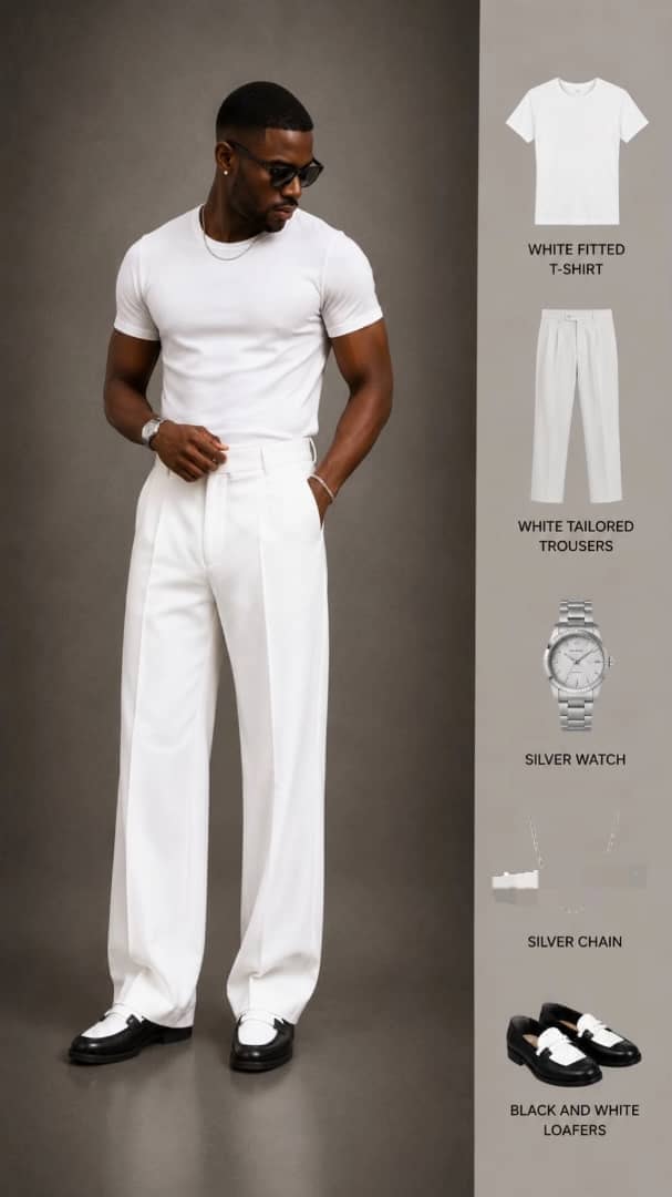 White fitted T-shirt paired with white tailored flare trousers.
