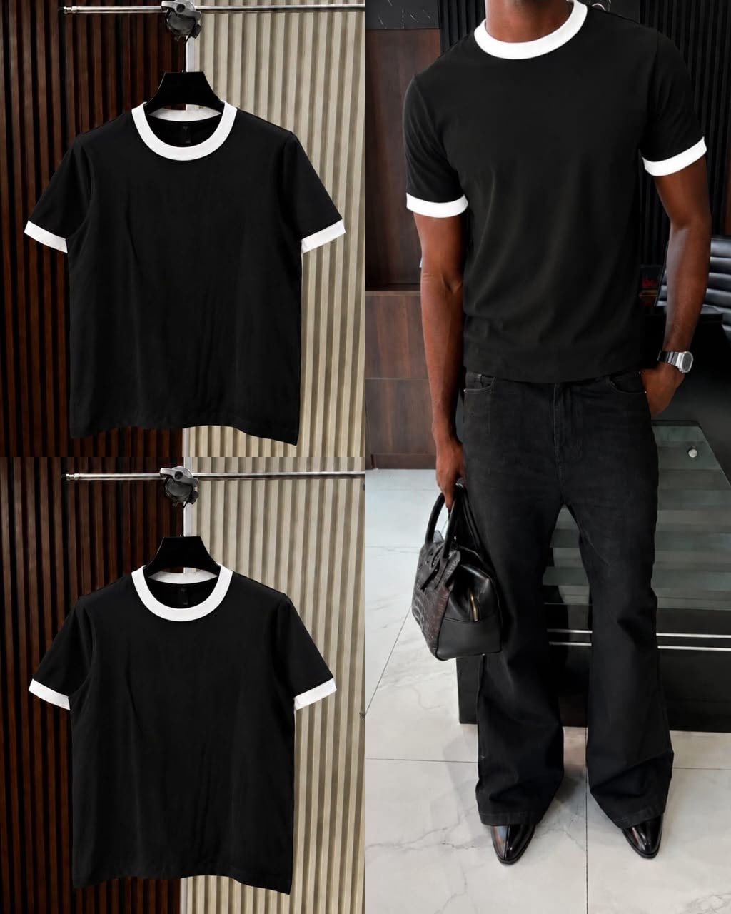 Black t-shirt with white contrast trim on neck and cuffs, shown on hanger and model.