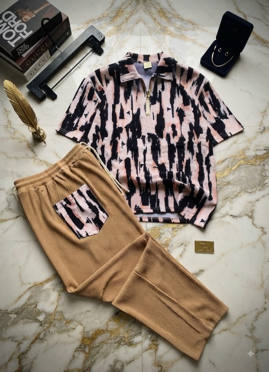 Pink black abstract print ribbed zip polo top paired with tan ribbed joggers on marble background with accessories.
