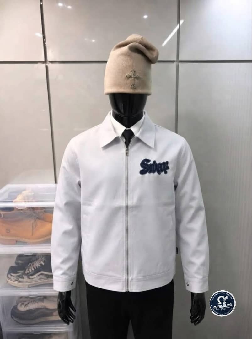 White Swag embroidered zip-up jacket on mannequin.