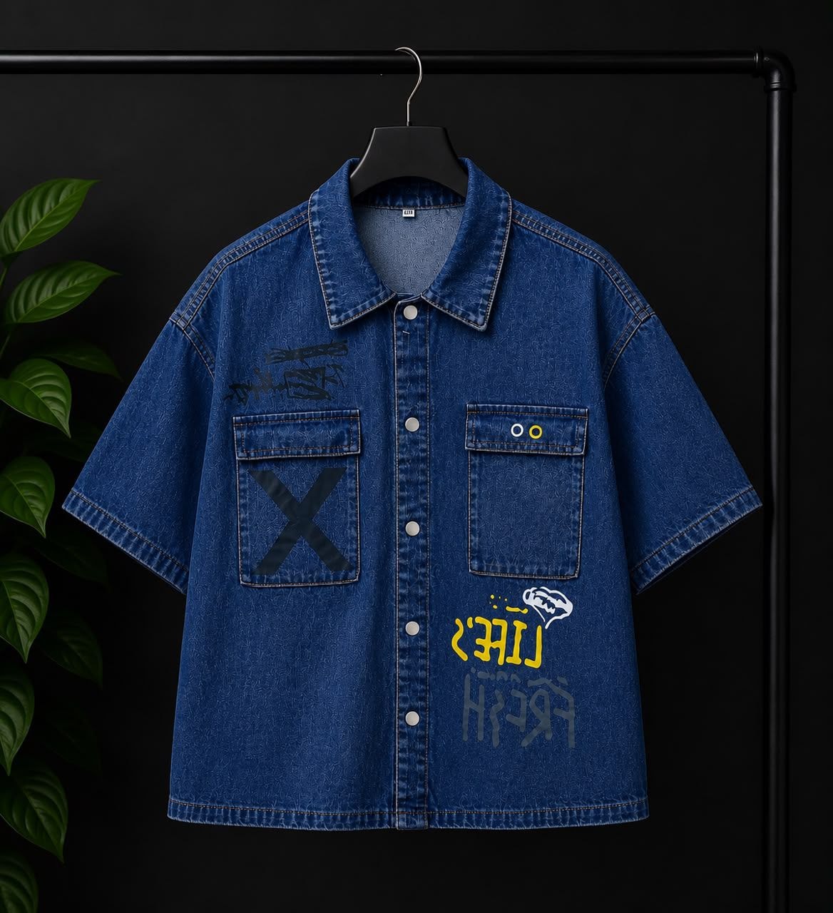 Blue denim short-sleeve button-up shirt with multiple graphic prints, X and text details.