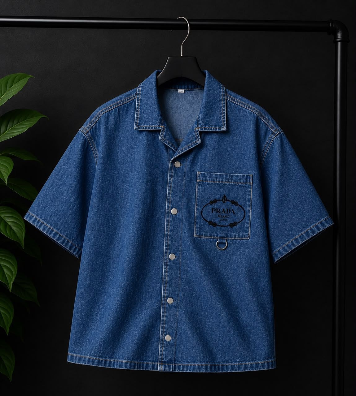 Blue denim short-sleeve button-up shirt with Prada logo on chest pocket and D-ring.
