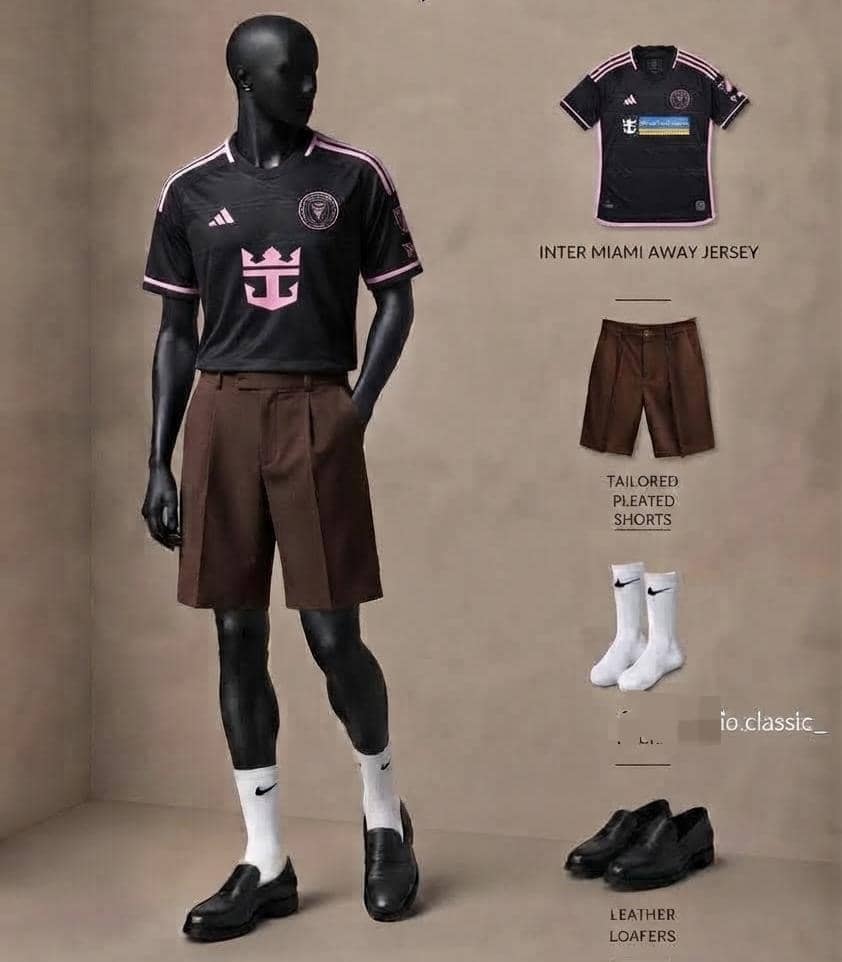 Mannequin in Inter Miami black and pink jersey with brown pleated shorts, socks and loafers.