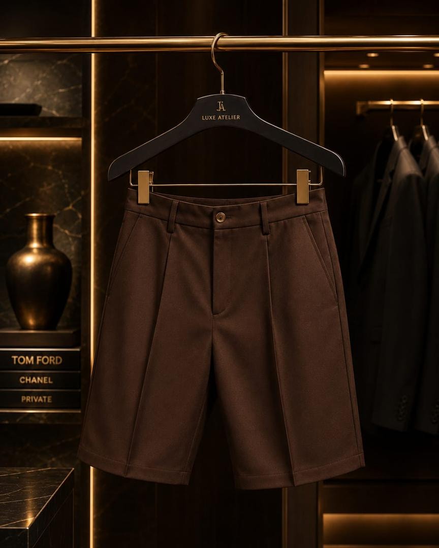 Brown tailored pleated shorts hanging in luxury interior.