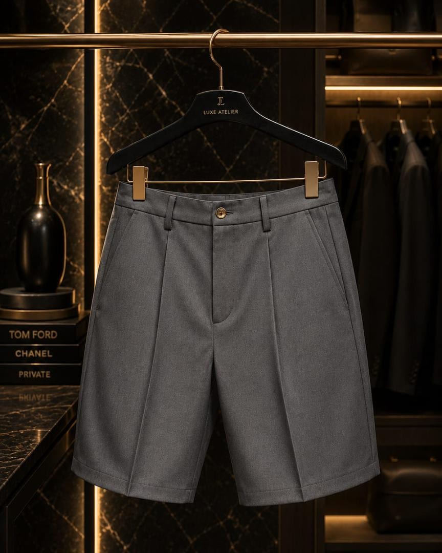 Gray tailored pleated shorts hanging in luxury interior.