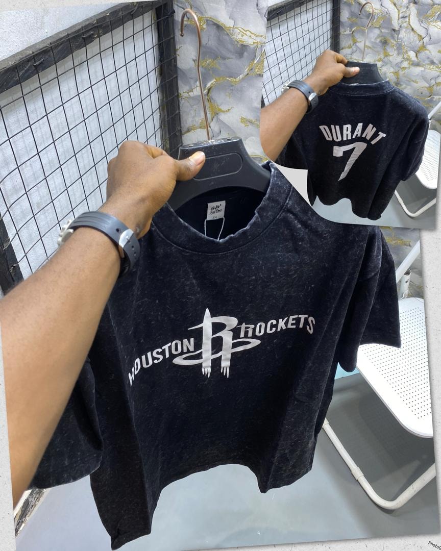 Black stone wash t-shirt displaying Houston Rockets front logo with Durant 7 back design inset.