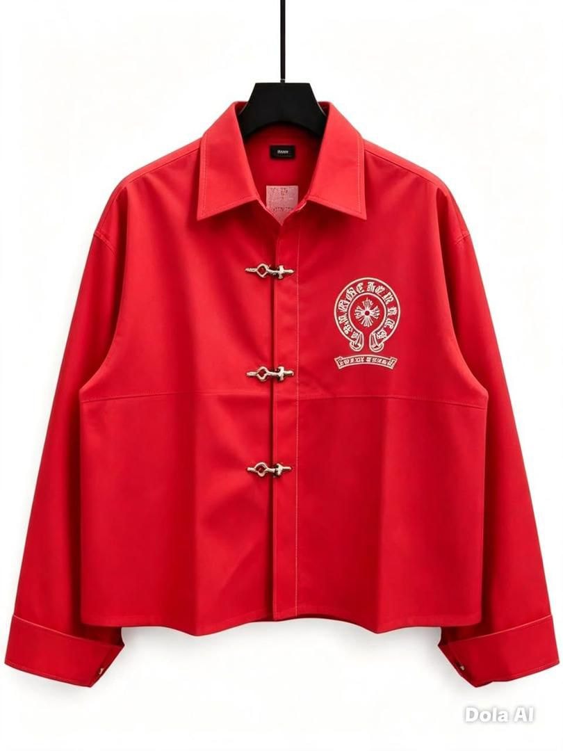 Red cropped toggle button shirt with embroidered chest graphic.