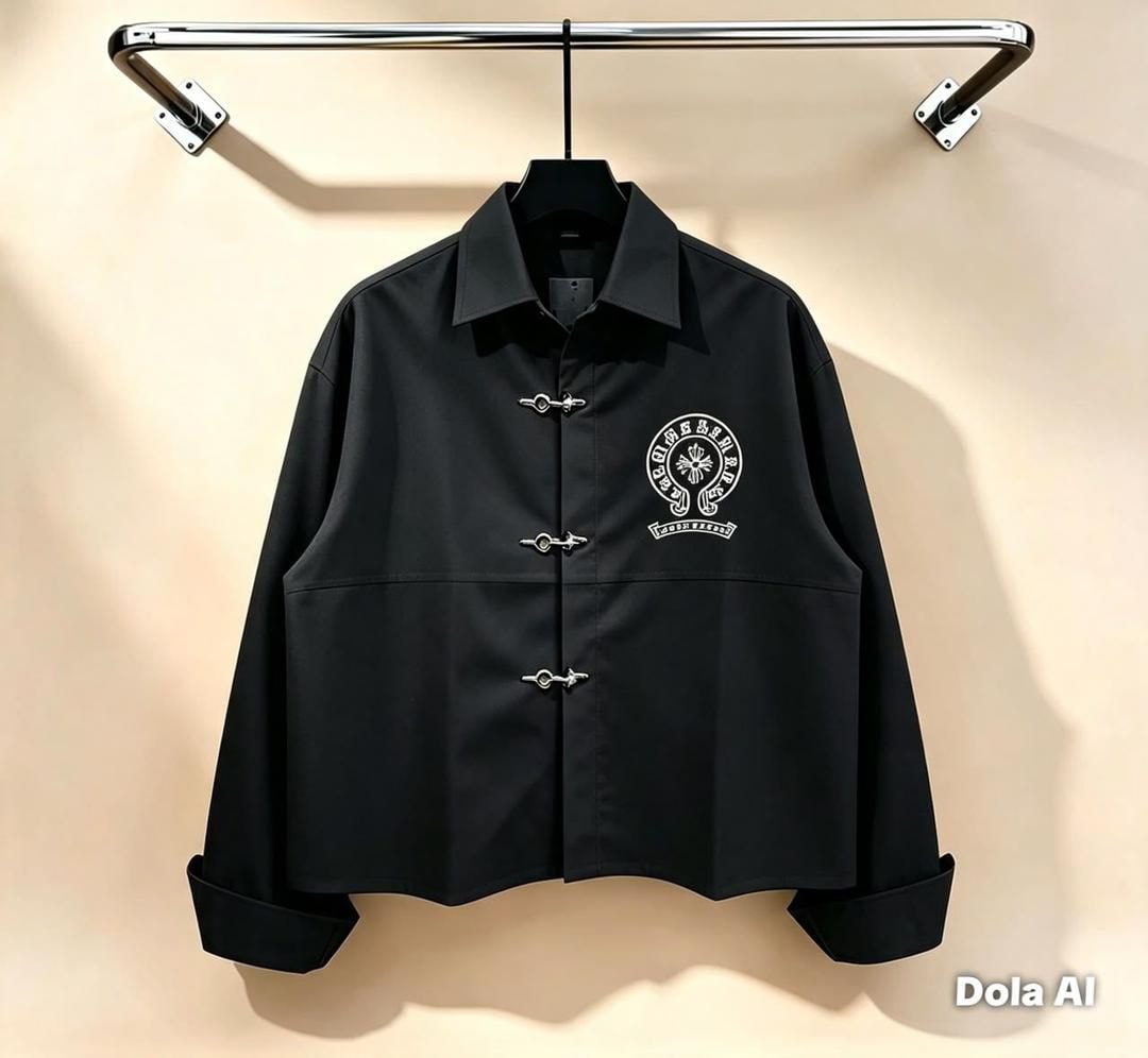 Black cropped toggle button shirt with embroidered chest graphic.