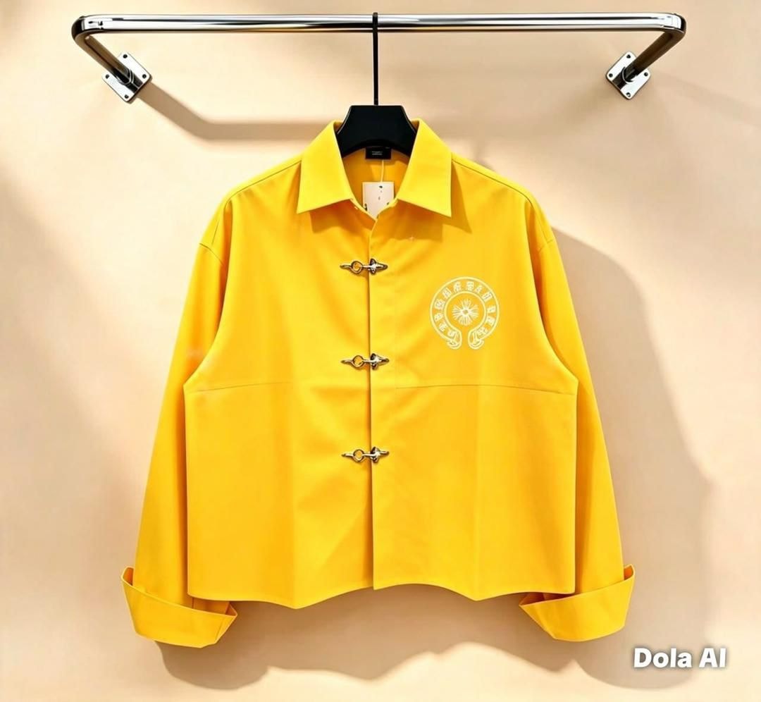 Yellow cropped toggle button shirt with embroidered chest graphic.