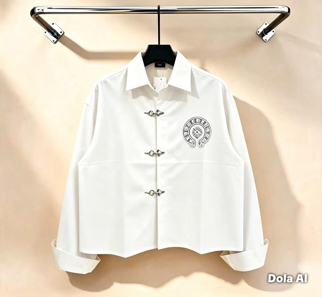 White cropped toggle button shirt with embroidered chest graphic.