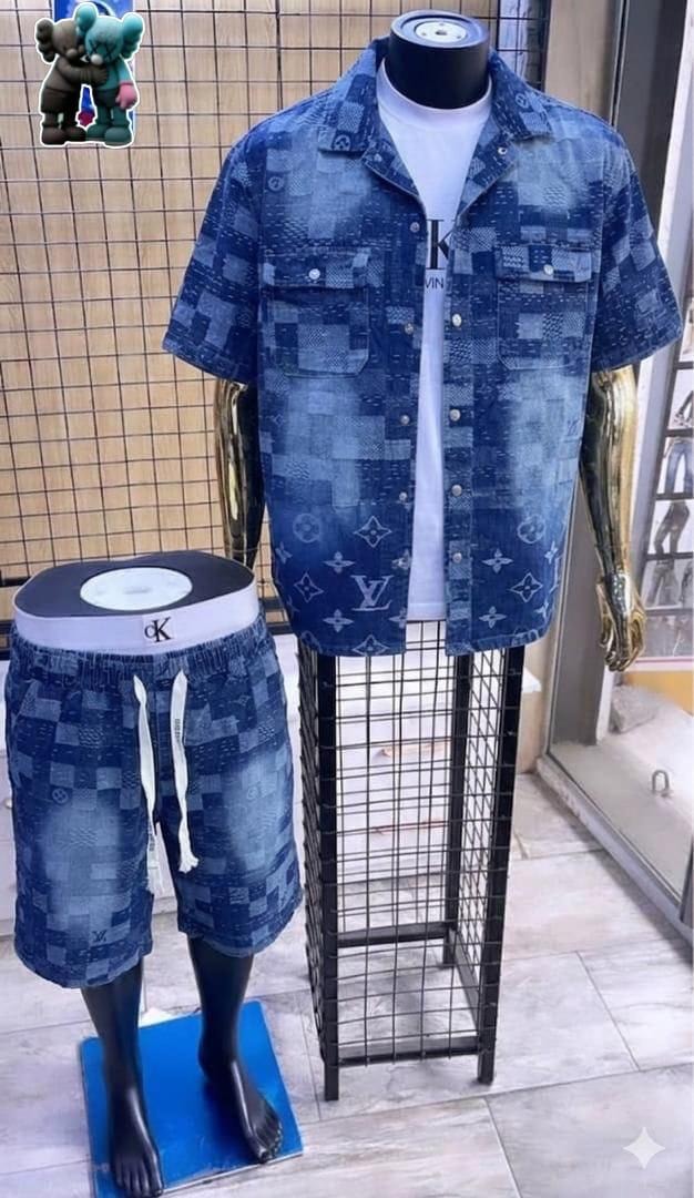 Mannequin in blue patchwork and LV monogram denim shirt with matching shorts.