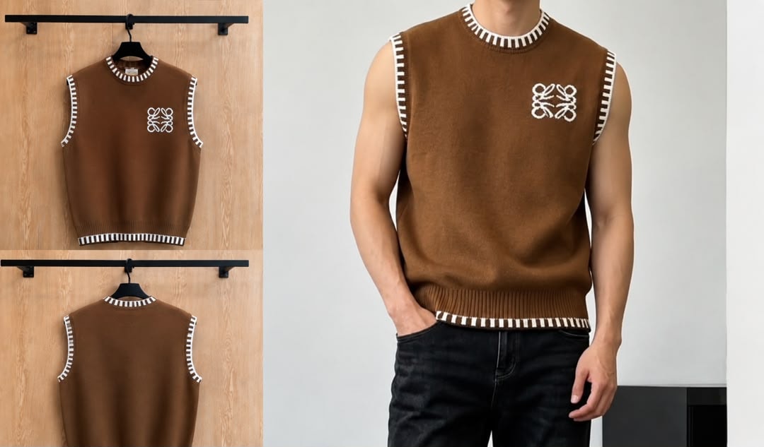Brown sleeveless knit vest with white striped trim and embroidered logo shown on hangers and model.