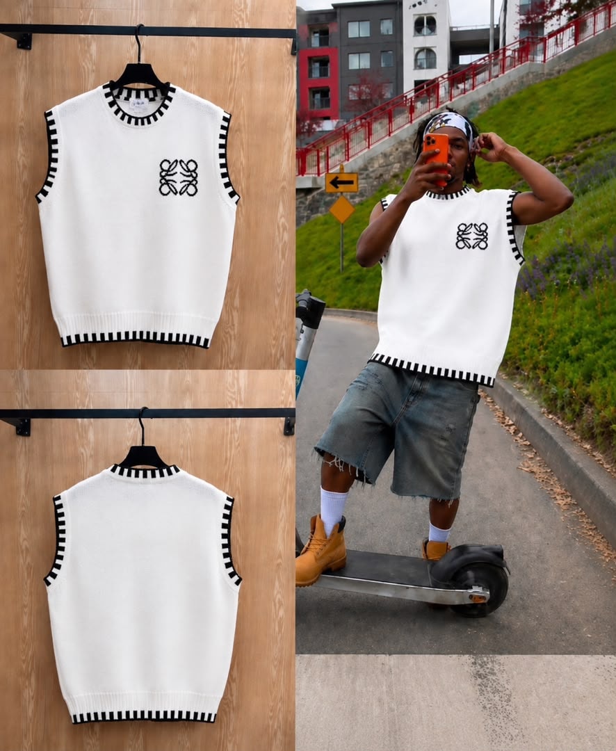White knit vest with black trim shown in flat lays of front and back plus lifestyle model shots.