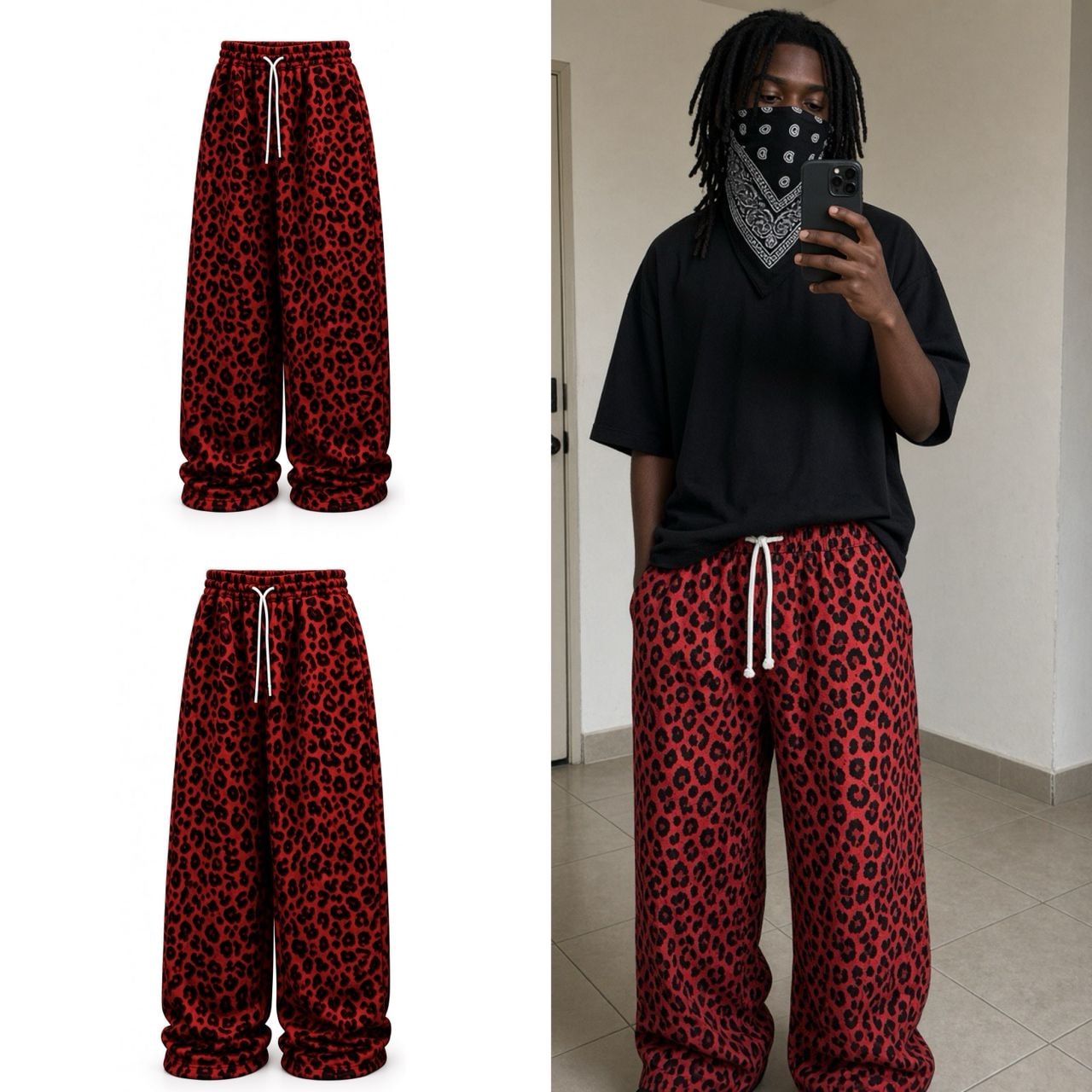 Model wearing red leopard print joggers with black t-shirt and bandana.
