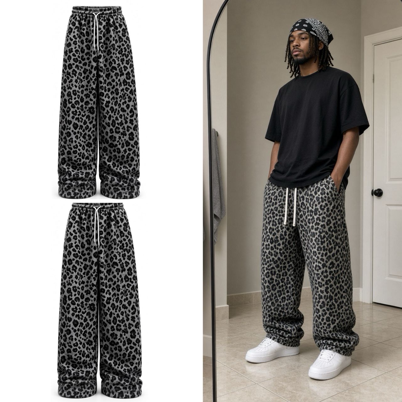 Model wearing gray leopard print joggers with black t-shirt.