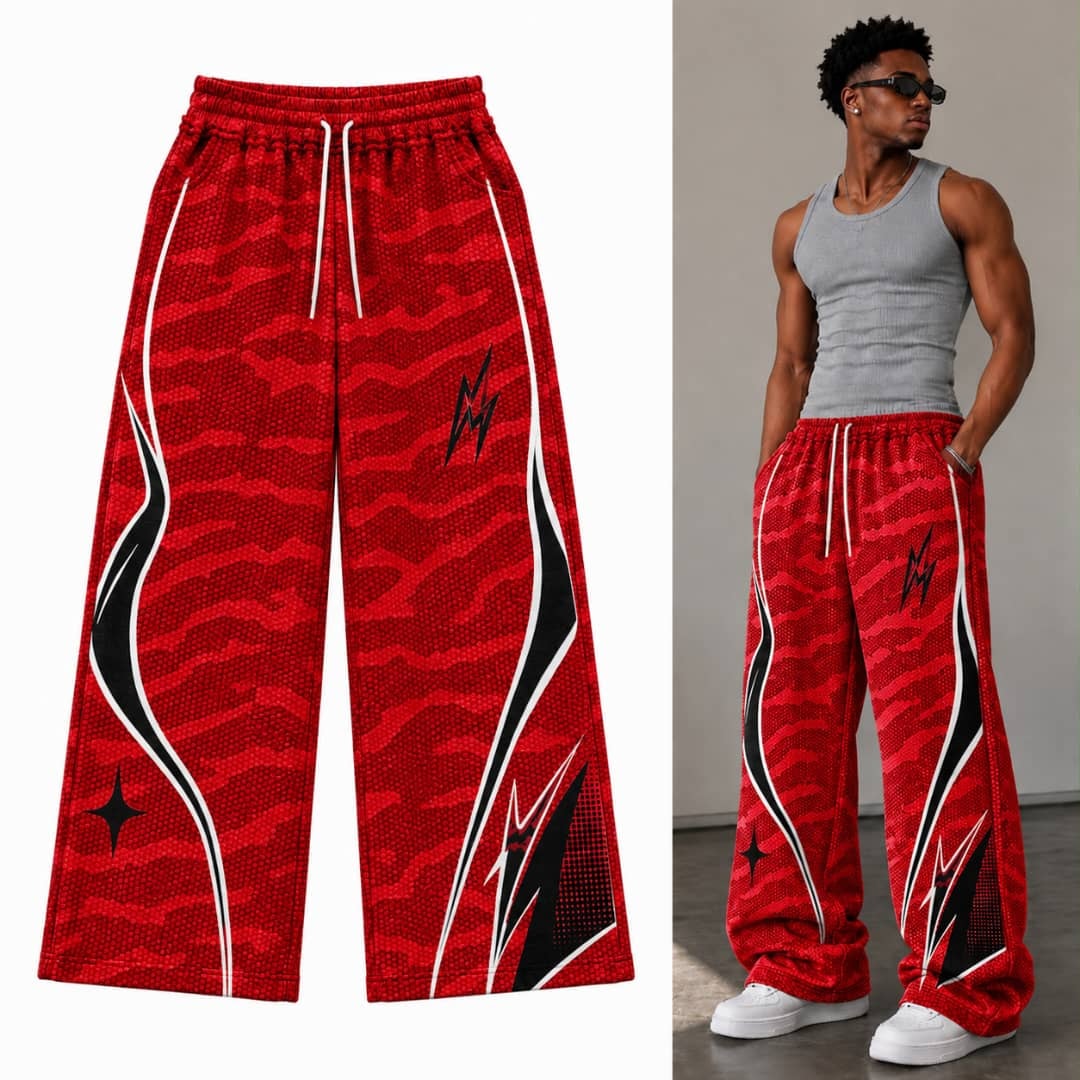 Red camo lightning graphic joggers in flat lay and on model.