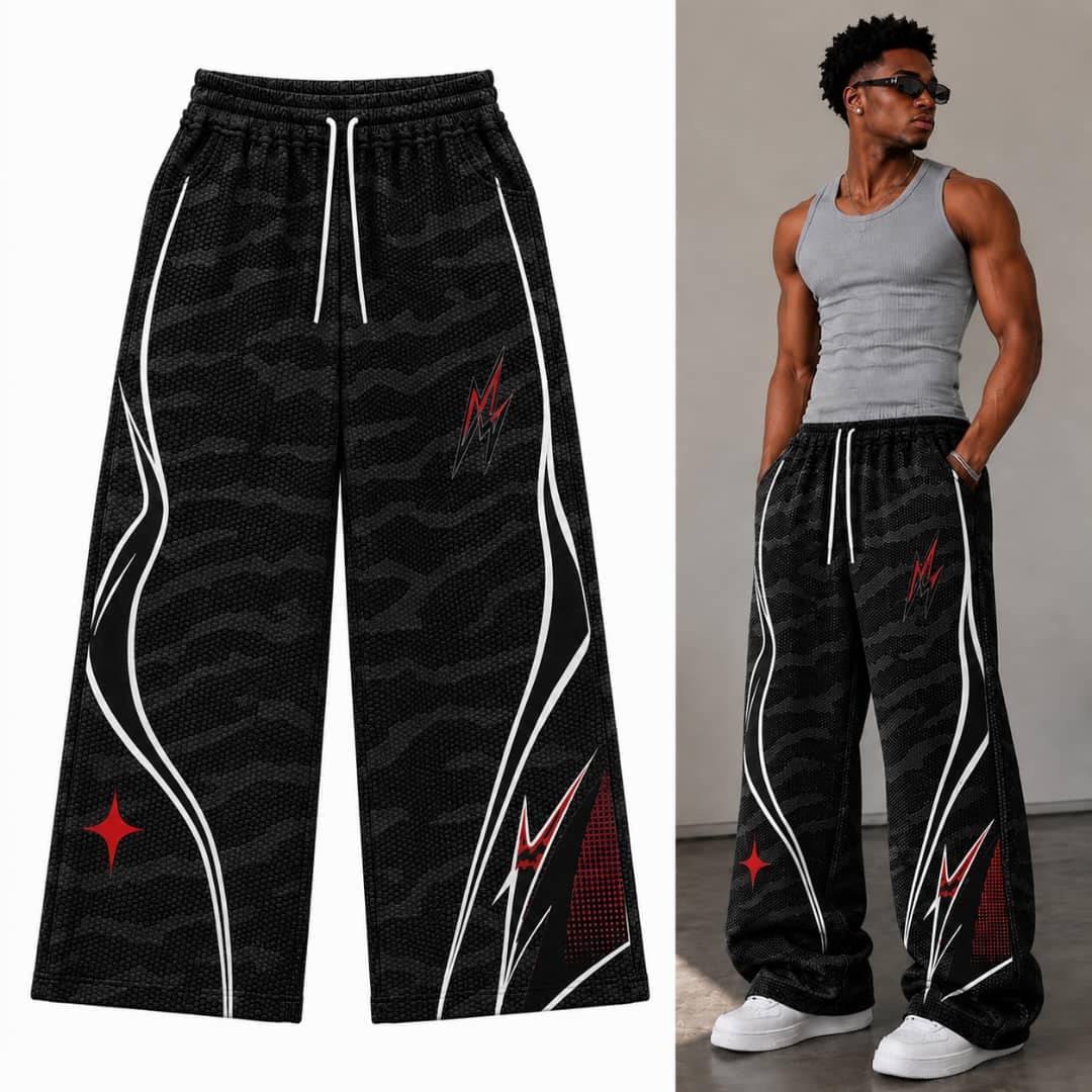 Black camo lightning graphic joggers in flat lay and on model.