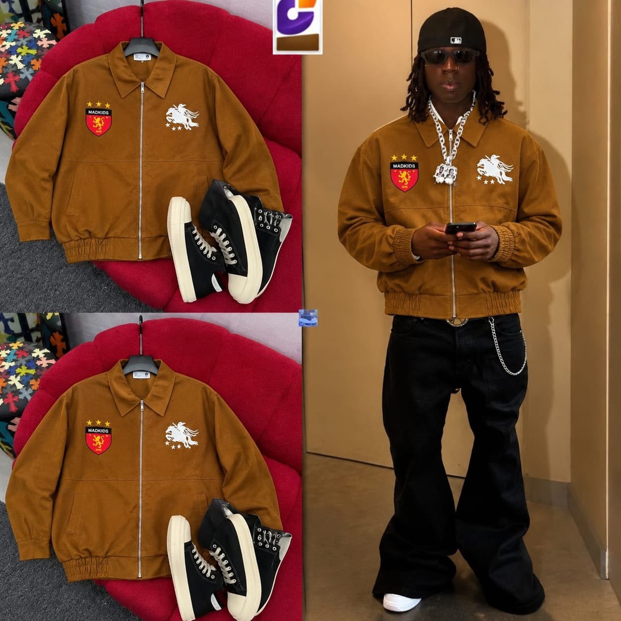 Brown embroidered bomber jacket shown flat on red couch with sneakers and worn by model with accessories.