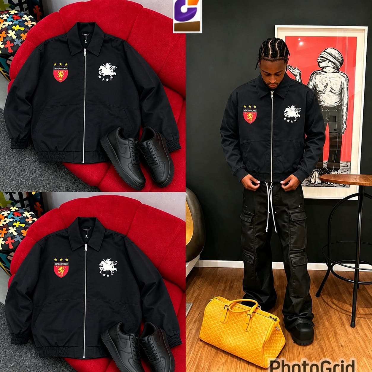 Black embroidered bomber jacket displayed flat with sneakers and modeled indoors with black cargo pants.