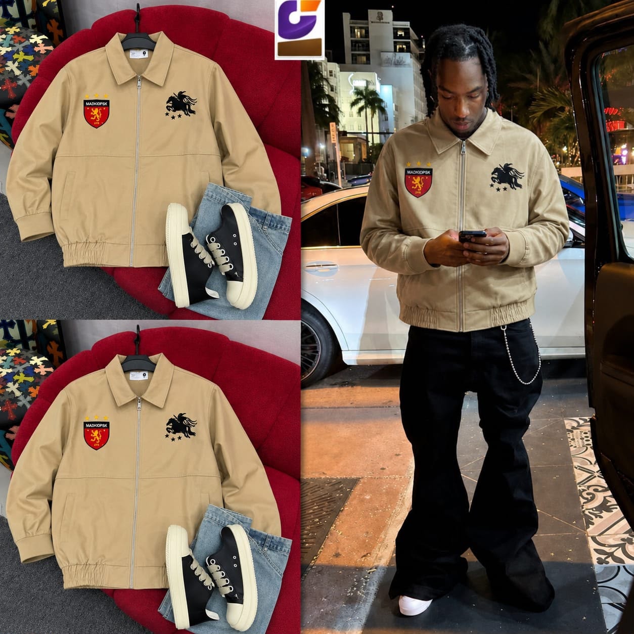 Beige embroidered bomber jacket shown flat on red couch with sneakers and worn by model on street.