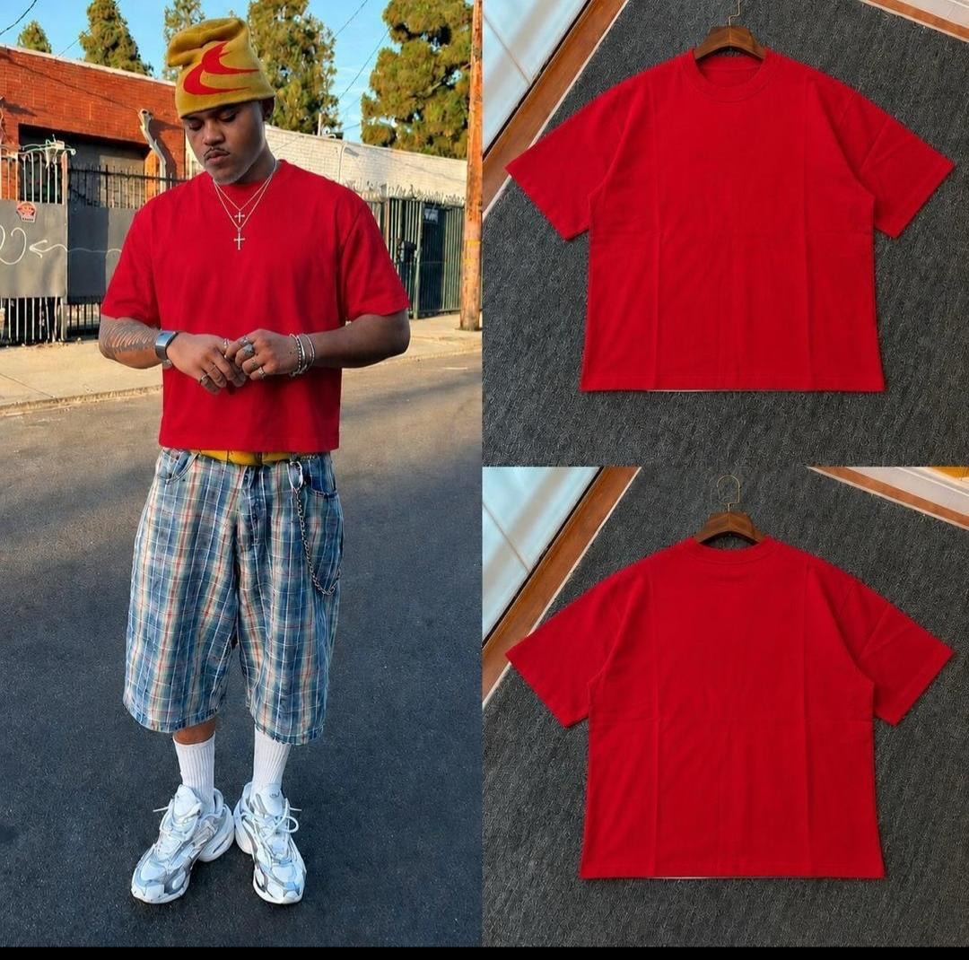 Red unisex crop top worn by model with front and back flat lay views.