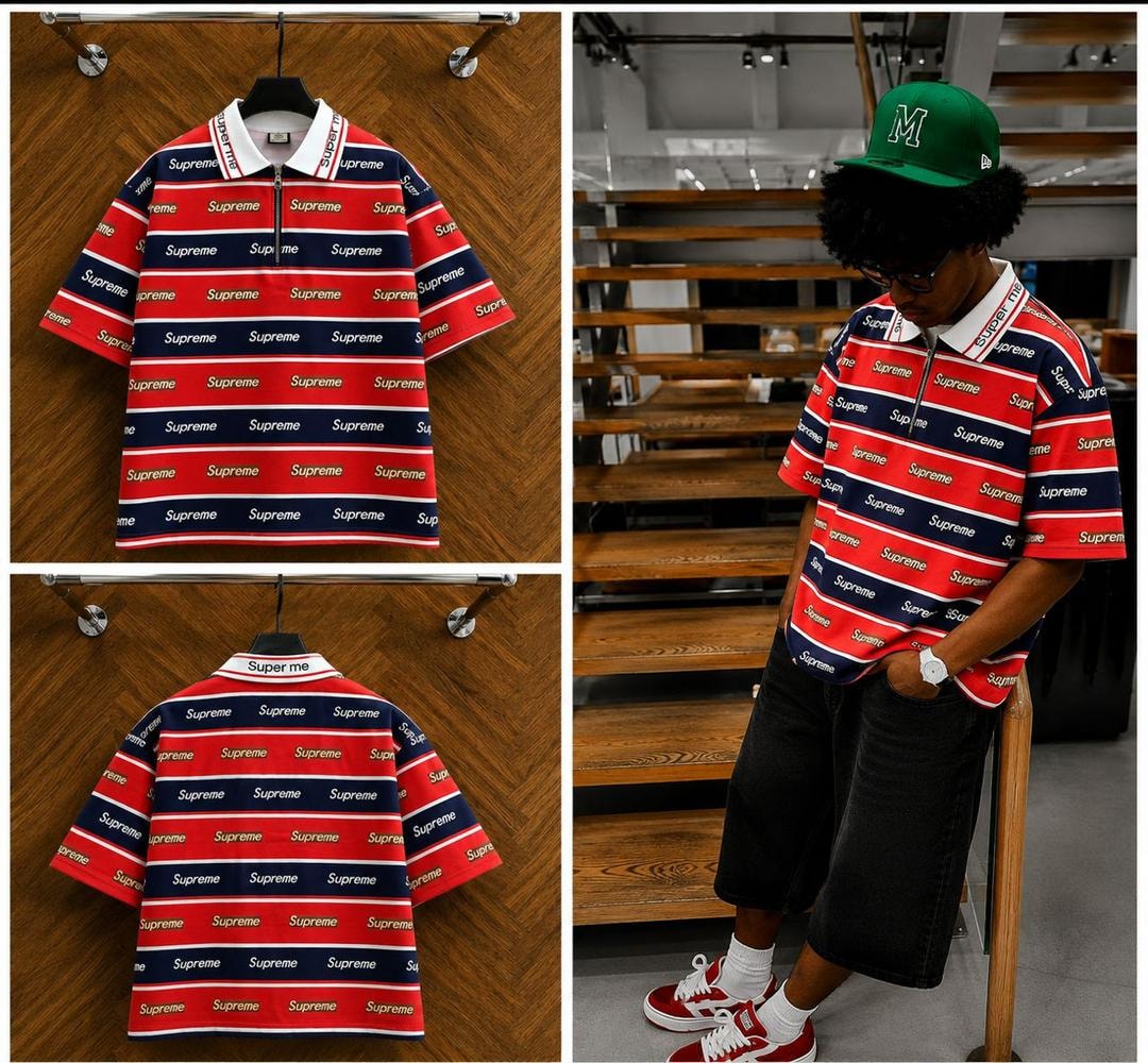 Supreme all-over print polo in red, shown in flat lays and on model.