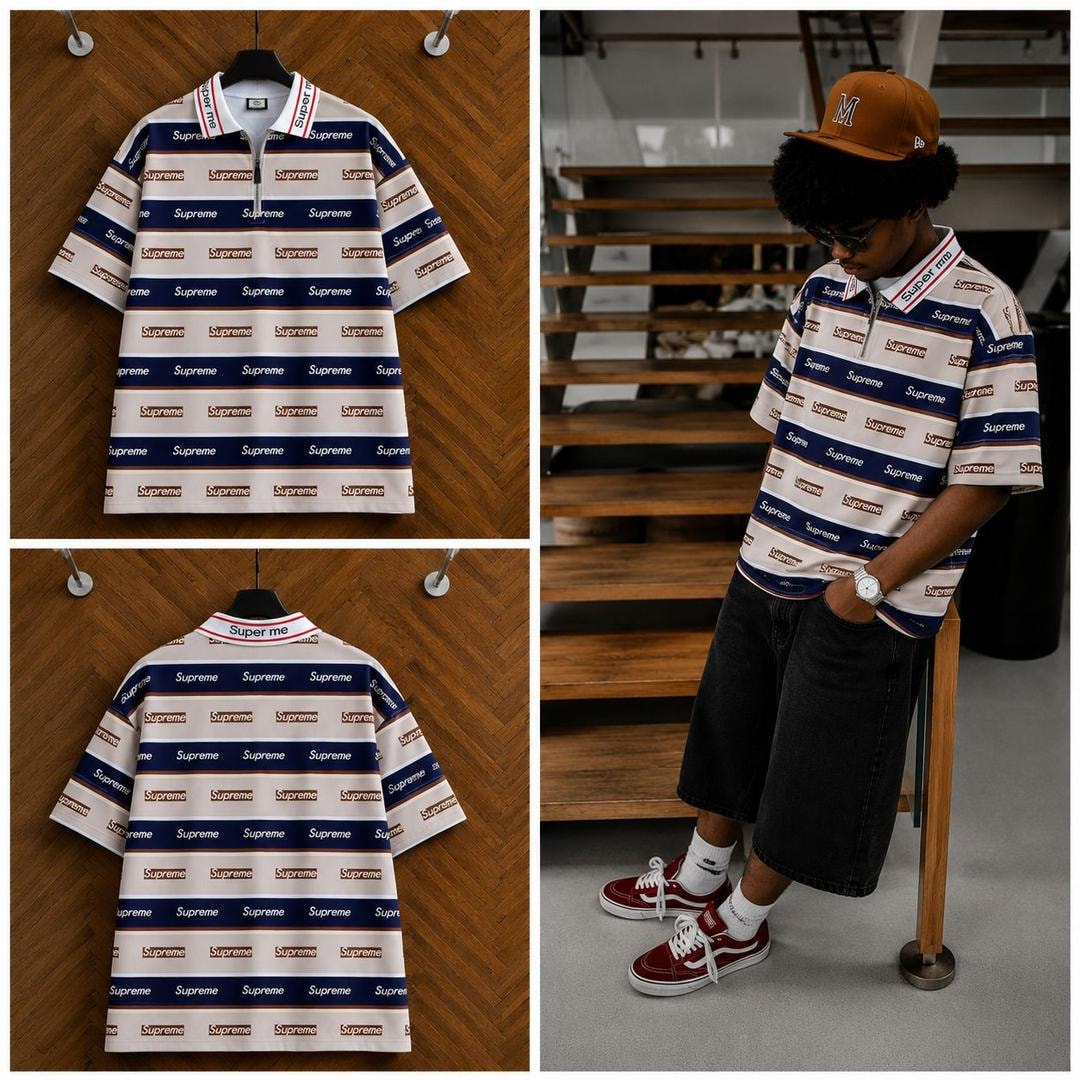Supreme all-over print polo in white, shown in flat lays and on model.