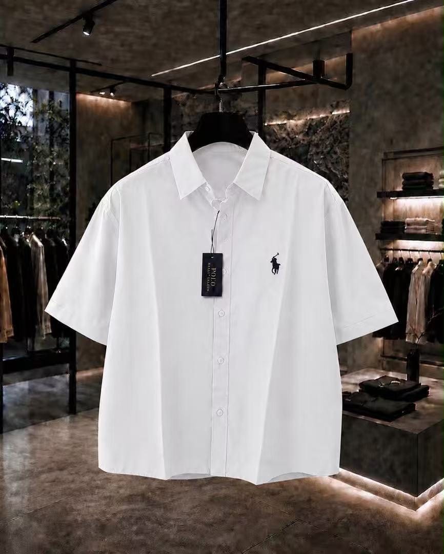 White short sleeve button-up shirt with embroidered polo logo on chest.