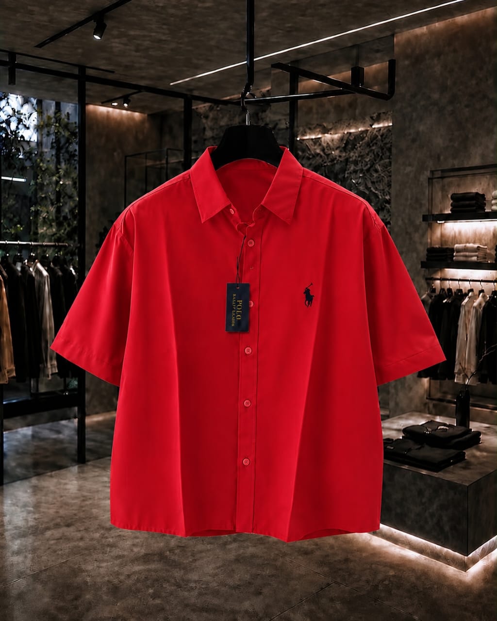 Red short sleeve button-up shirt with embroidered polo logo on chest.