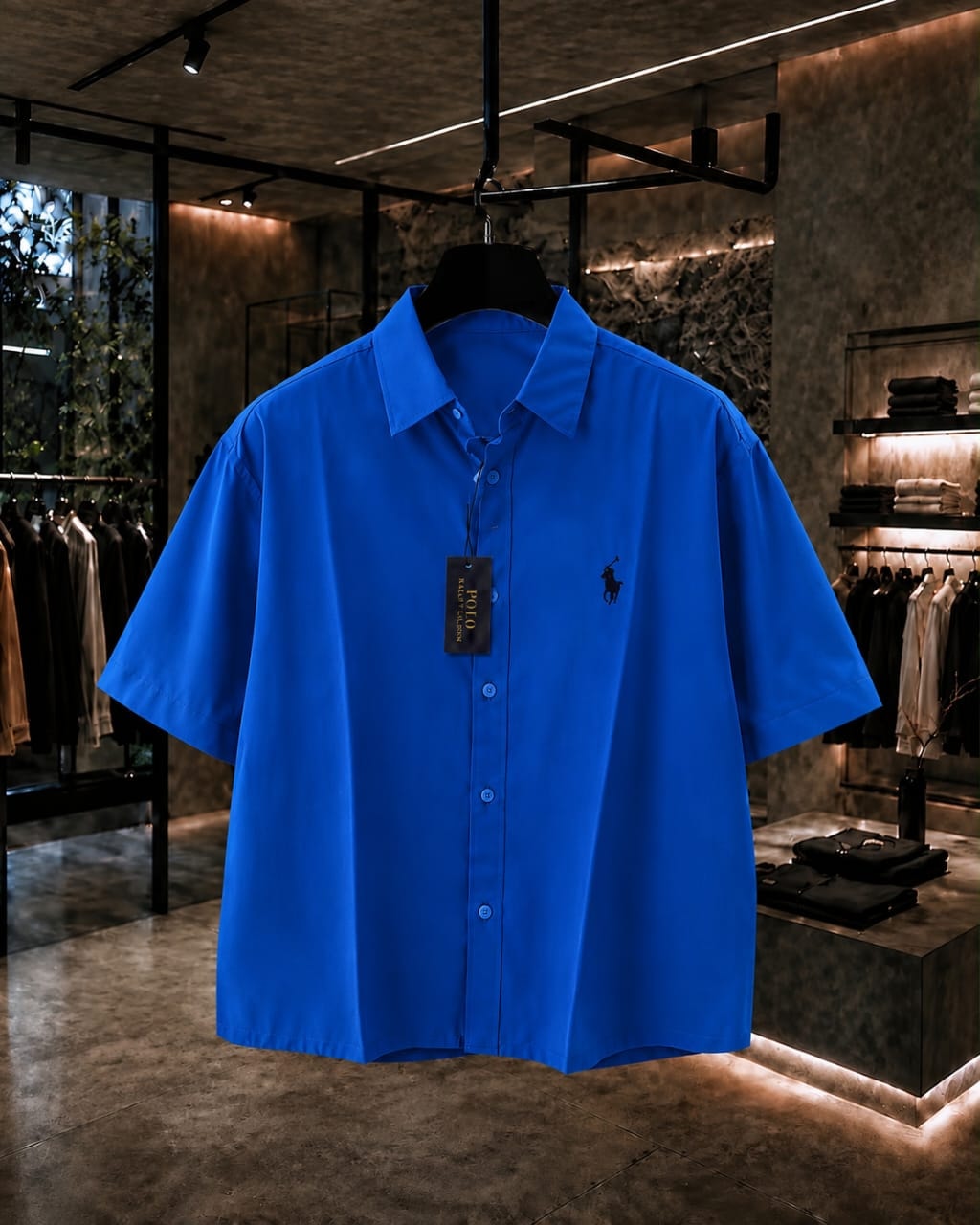 Blue short sleeve button-up shirt with embroidered polo logo on chest.