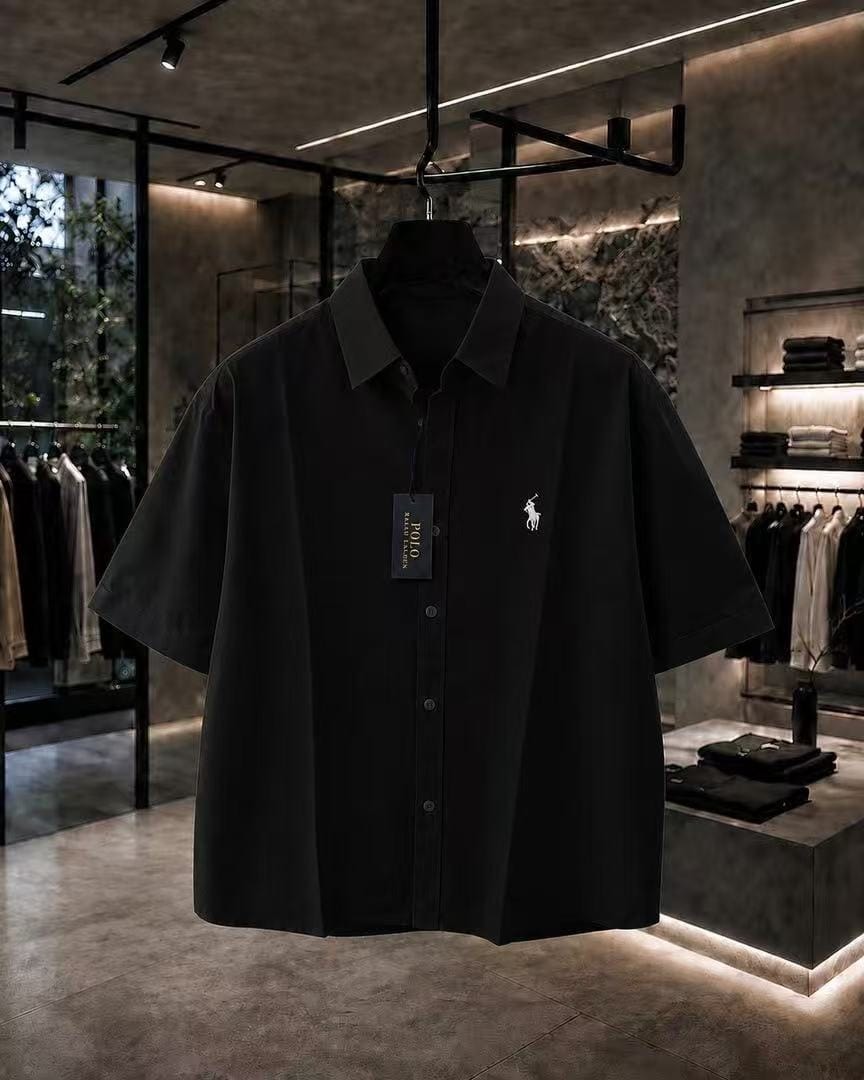 Black short sleeve button-up shirt with embroidered polo logo on chest.