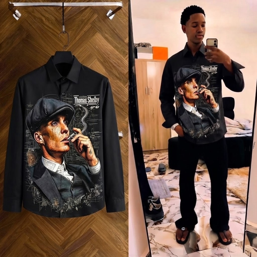 Black Thomas Shelby graphic long sleeve shirt shown flat and on model.