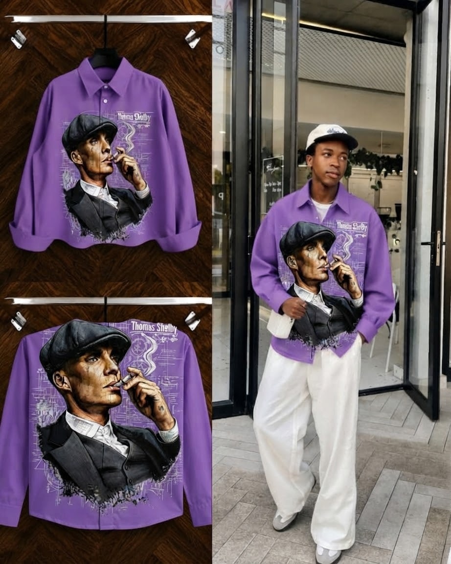 Man wearing purple Thomas Shelby graphic shirt in outdoor setting.