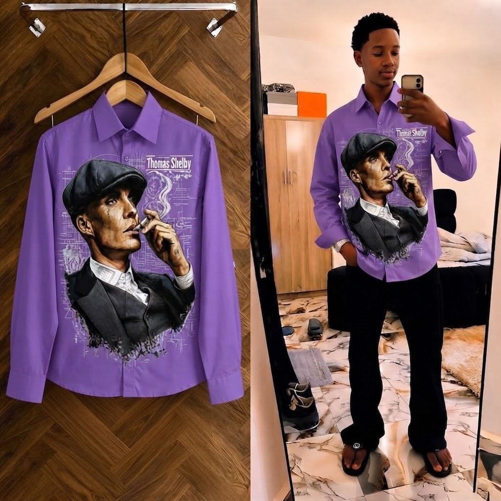 Purple Thomas Shelby printed long sleeve shirt displayed flat and worn.