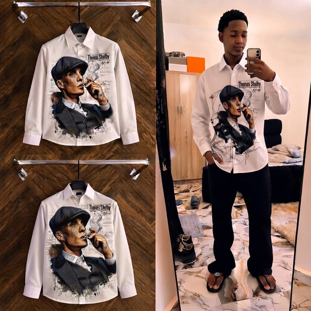 White Thomas Shelby graphic long sleeve shirt shown flat and on model.