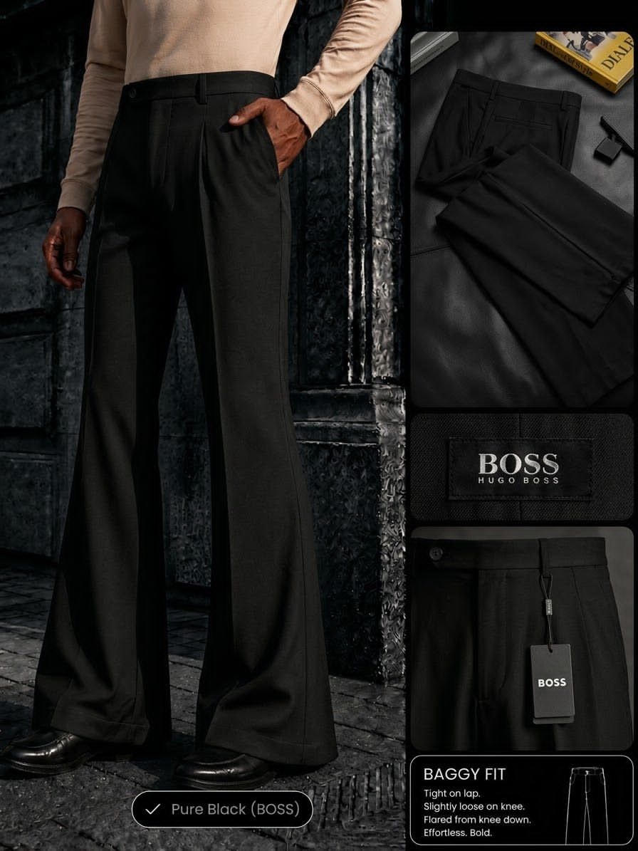 Model wearing black BOSS flare trousers with hand in pocket, lifestyle shot.