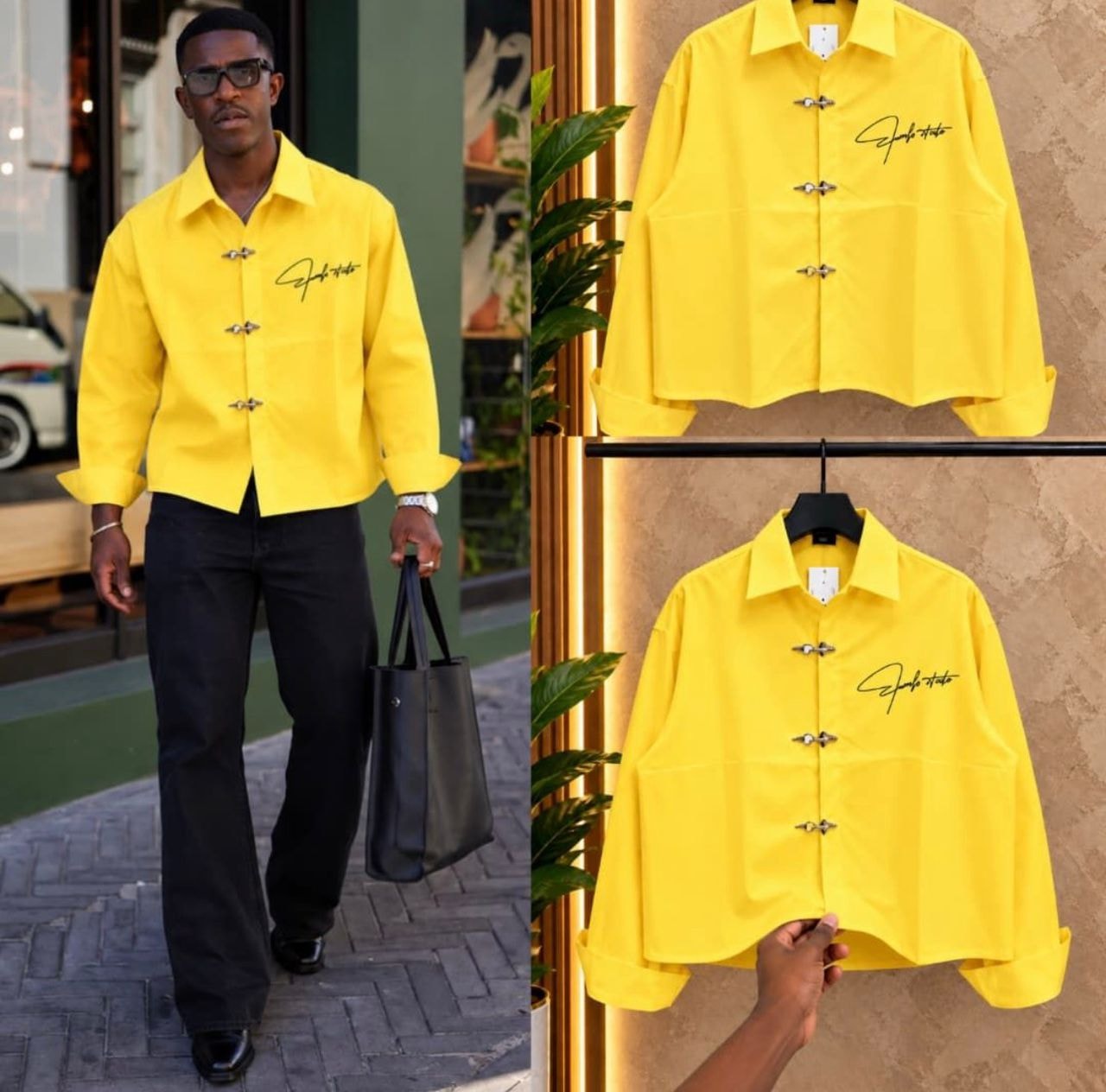 Man modeling yellow cropped toggle button shirt on street with product flat lays.